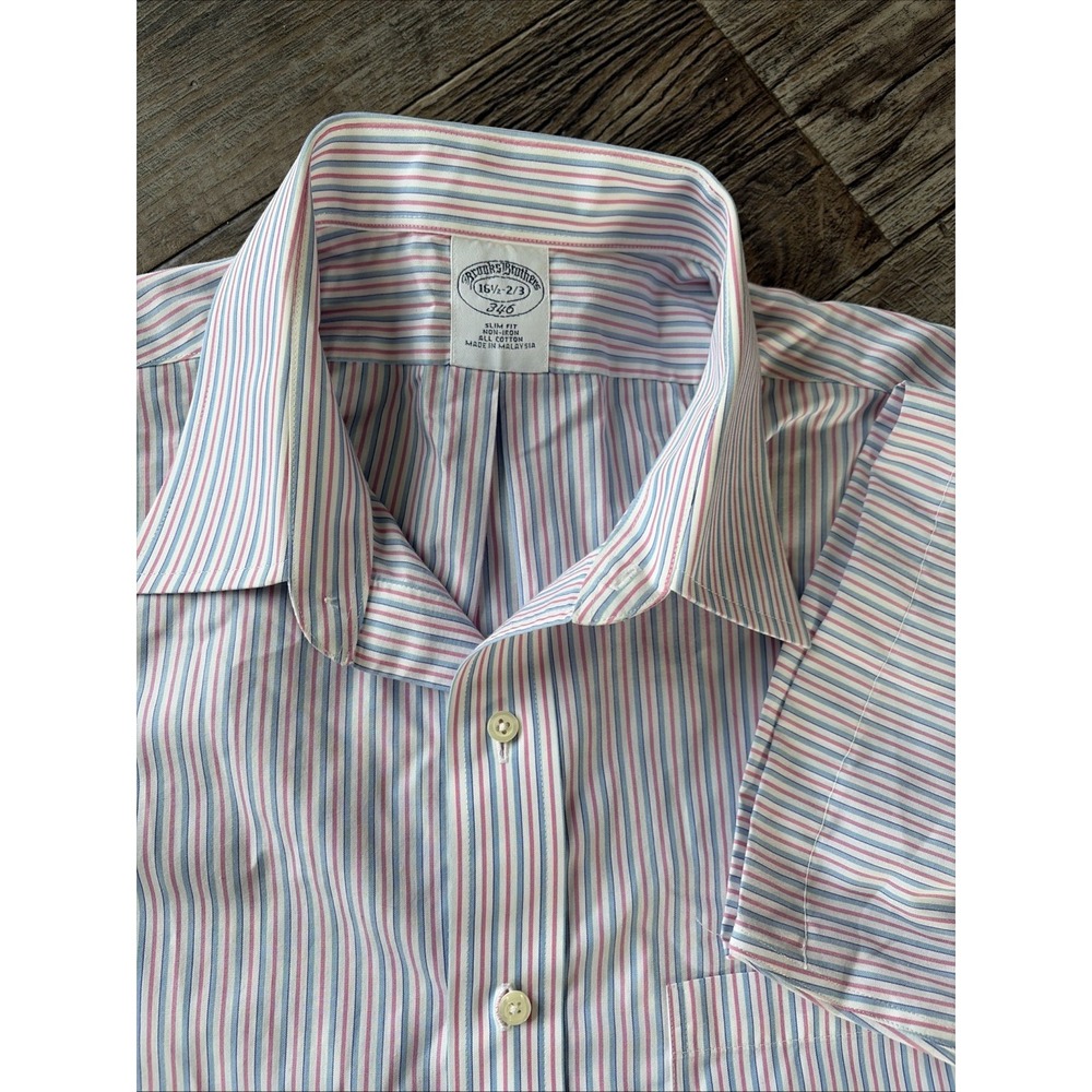 Brooks Brothers Dress Shirt Mens 16.5-2-3 Blue Pink‎ Striped Button Up Non Iron